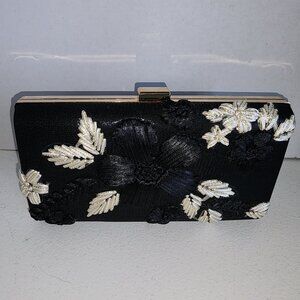 Floral Black, White and Gold Embroidered Clutch New in Bag No Tags